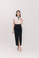 High-Waisted Pencil Skirt with Front Slit and Structured Waistband in Crepe Fabric